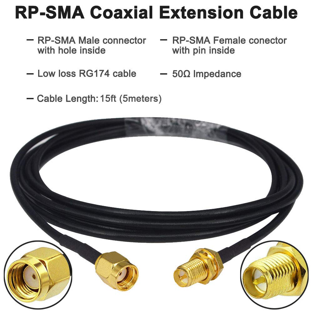 Kaunosta WiFi Antenna Extension Cable 15ft RG174 RP-SMA Male to RP-SMA Female RF Coaxial Cable Low Loss Gold Plated Pigtail for Wireless LAN Router