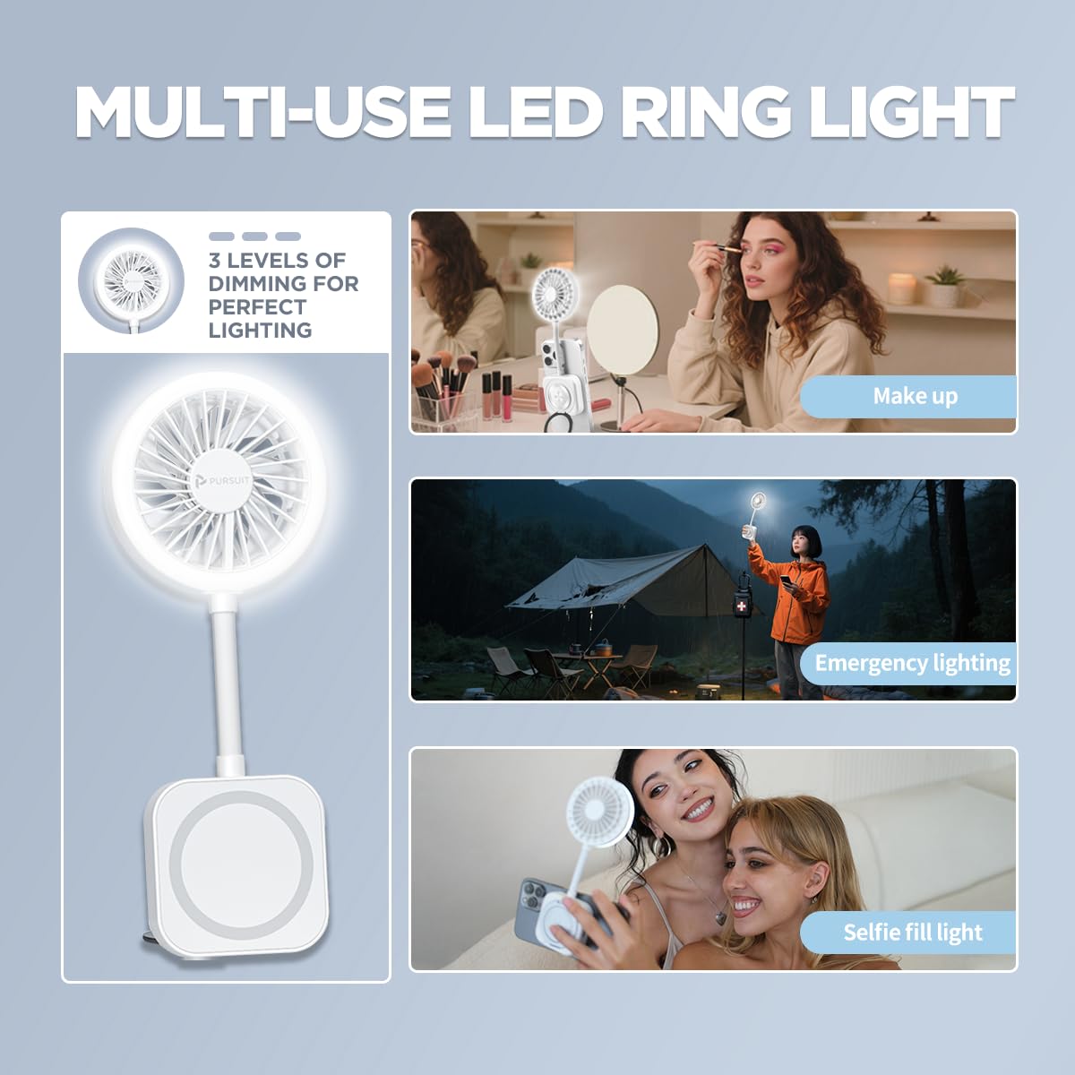 Pursuit Magnetic Phone Fan with Ring Light, Magsafe Compatible Phone Stand and Mini Fan for iPhone 17/16 Pro, 3-in-1 Portable LED Selfie Light Kit