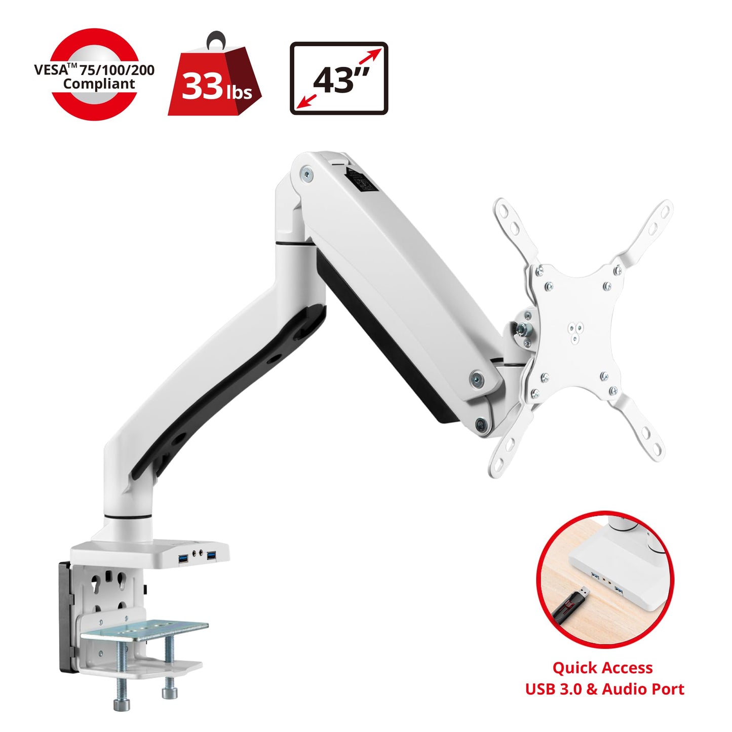 SIIG Single Monitor Desk Mount, 17" to 43", USB 3.0 and Audio Extend Ports, Fits Flat/Curved/Ultrawide Monitor, Load 33 lbs max, VESA 75x75 100x100