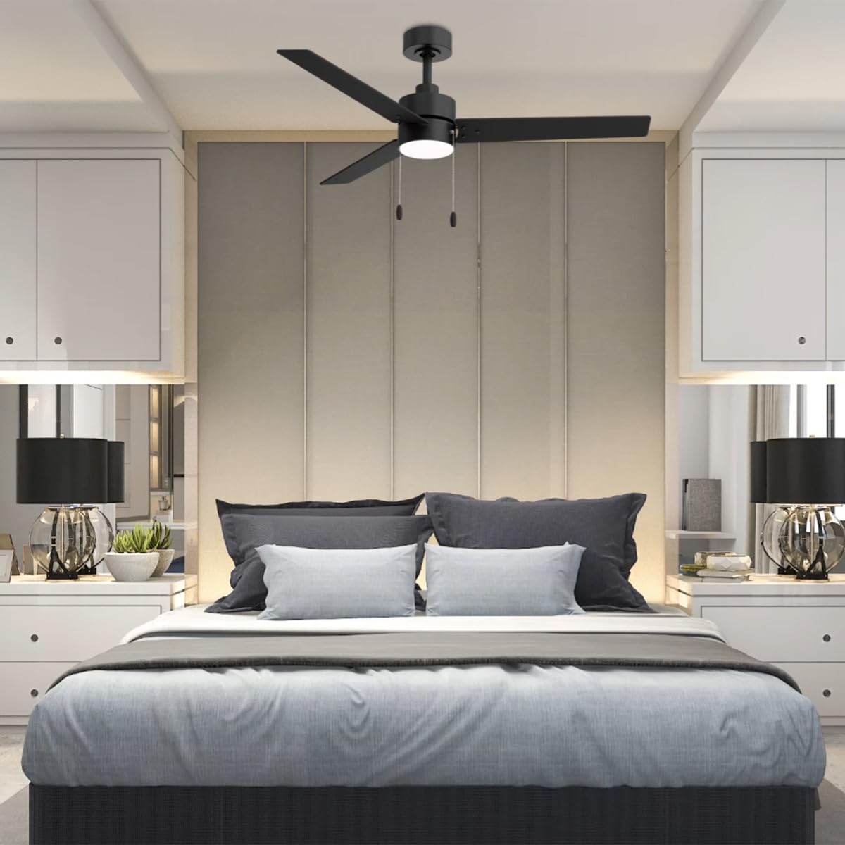 East Grove Home Heritage 52in 3-Blade Pull Chain Ceiling Fan 2700K-3000K-4000K-5000K-6000K CCT Selectable LED Light Kit with Black Hardware