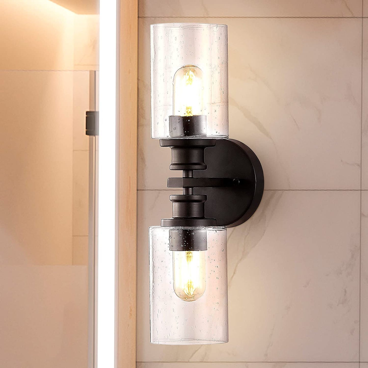 JONATHAN Y 16.5" Oil Rubbed Bronze 2-Light LED Wall Sconce, Modern Farmhouse Vanity Light with Seeded Glass Shade, Industrial Iron Fixture