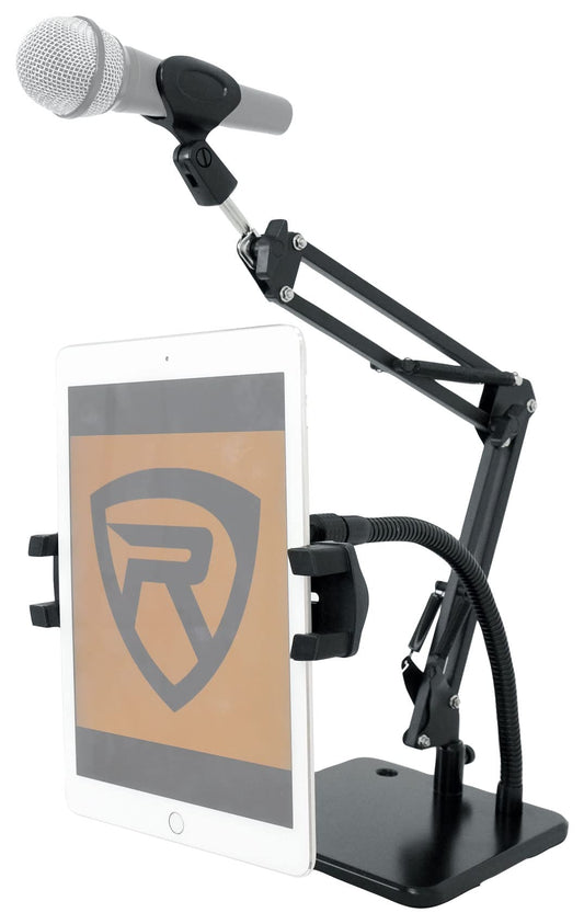 Rockville iSTAND 85 Dual Desktop Boom Arm & Gooseneck Stand, Weighted Base, Adjustable Mic Clip, Phone/Tablet Holder, Perfect for Studio, Podcasting