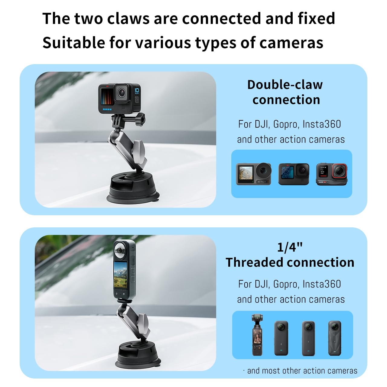 Action 6 Suction Cup Mount Bracket, for DJI Osmo Action 5 Pro, for Insta360 X3, for GoPro Hero 13 12 11/10/9 Accessories, with 1/4"-20 Standard Thread