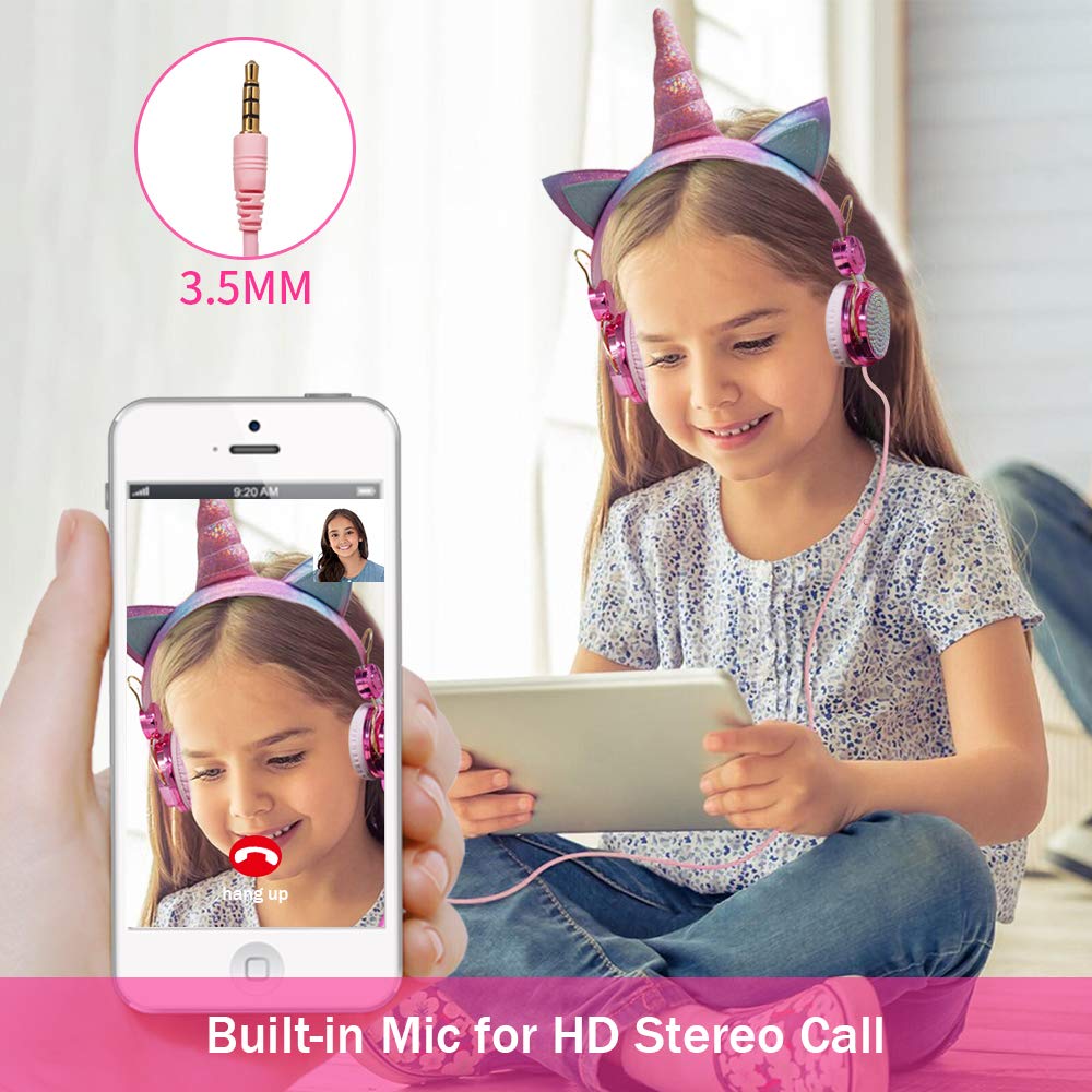 TCJJ Unicorn Kids Headphones for Girls Children Teens, Wired Headphones for Kids with Adjustable Headband, 3.5mm Jack and Over On Ear Headset w/Mic