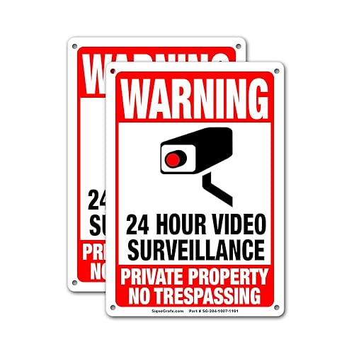 SIGNOGRAFX 24 Hours video surveillance sign, Private Property No Trespassing Signs,2-Pack, 10 x 7 Inches, Security camera for home, Business