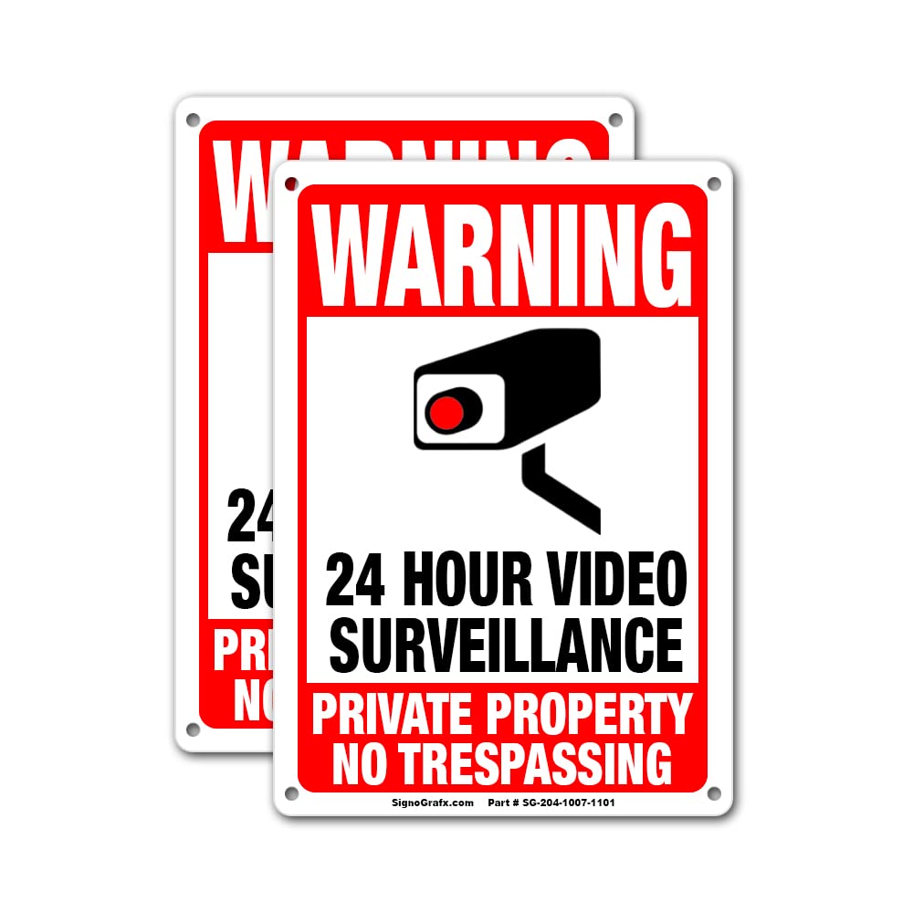 SIGNOGRAFX 24 Hours video surveillance sign, Private Property No Trespassing Signs,2-Pack, 10 x 7 Inches, Security camera for home, Business