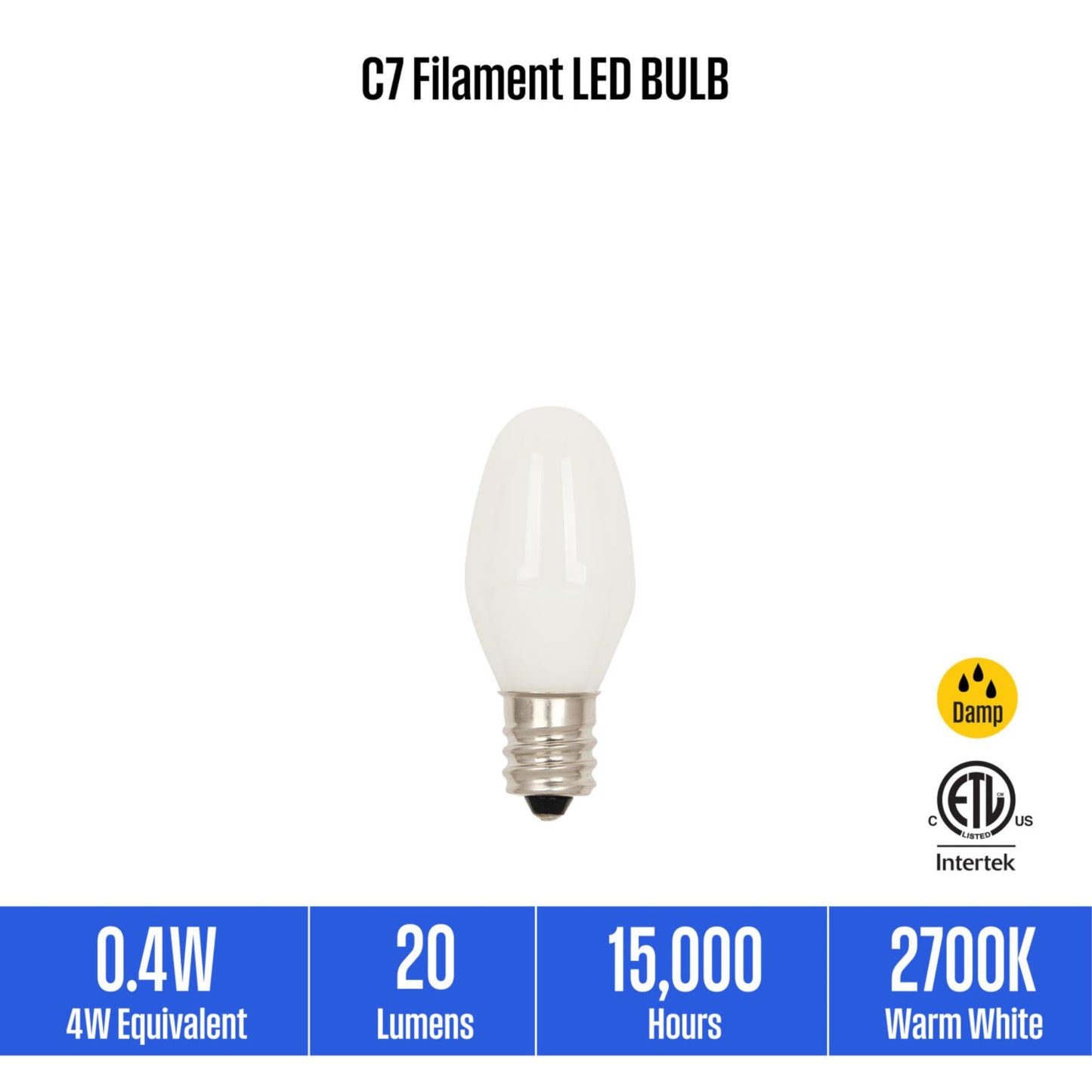 Westinghouse 5283000 0.4 Watt (4 Watt Equivalent) C7 Frosted Filament LED Light Bulb, Candelabra Base, 2 Pack
