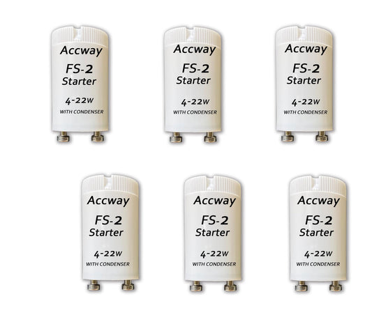 Accway (6pack) FS-2 Fluorescent Starter with Condenser for 4Watts - 22Watt Preheat Linear Fluorescent Tube, Circular Light Bulb, 110V-130V
