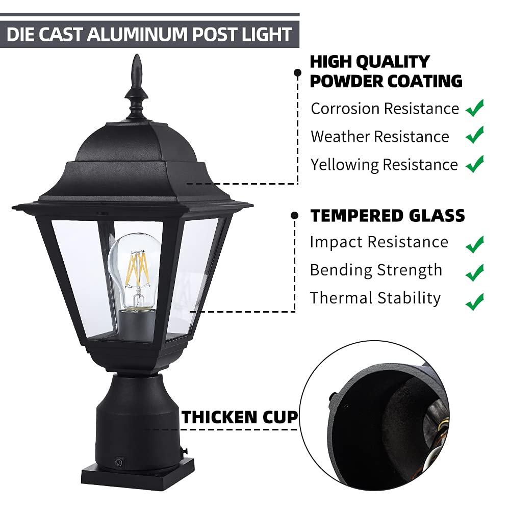 Windben Outdoor Post Light,Waterproof Cast Aluminium Lamp Post Light Fixture,Post Lantern with Pier Mount Base,Matte Black,16.5in,Suitable