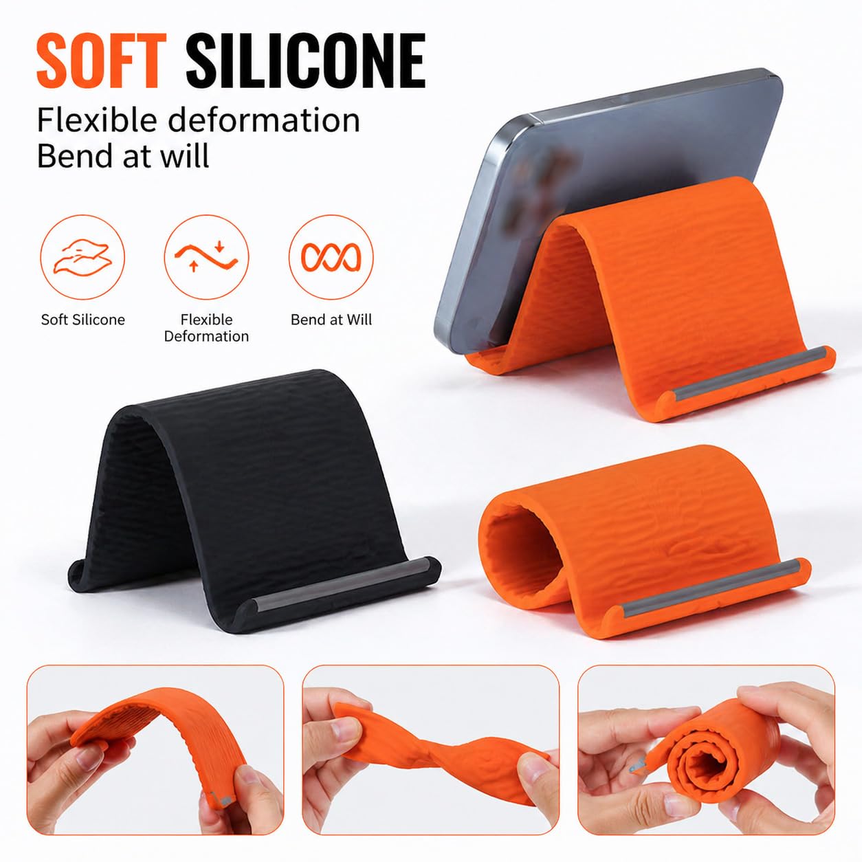 New Portable Foldable Silicone Phone Holder, Flexible Silicone Phone Holder, Multi-Angle Adjustable Stand ? Folded into Any Shape, for Mobile