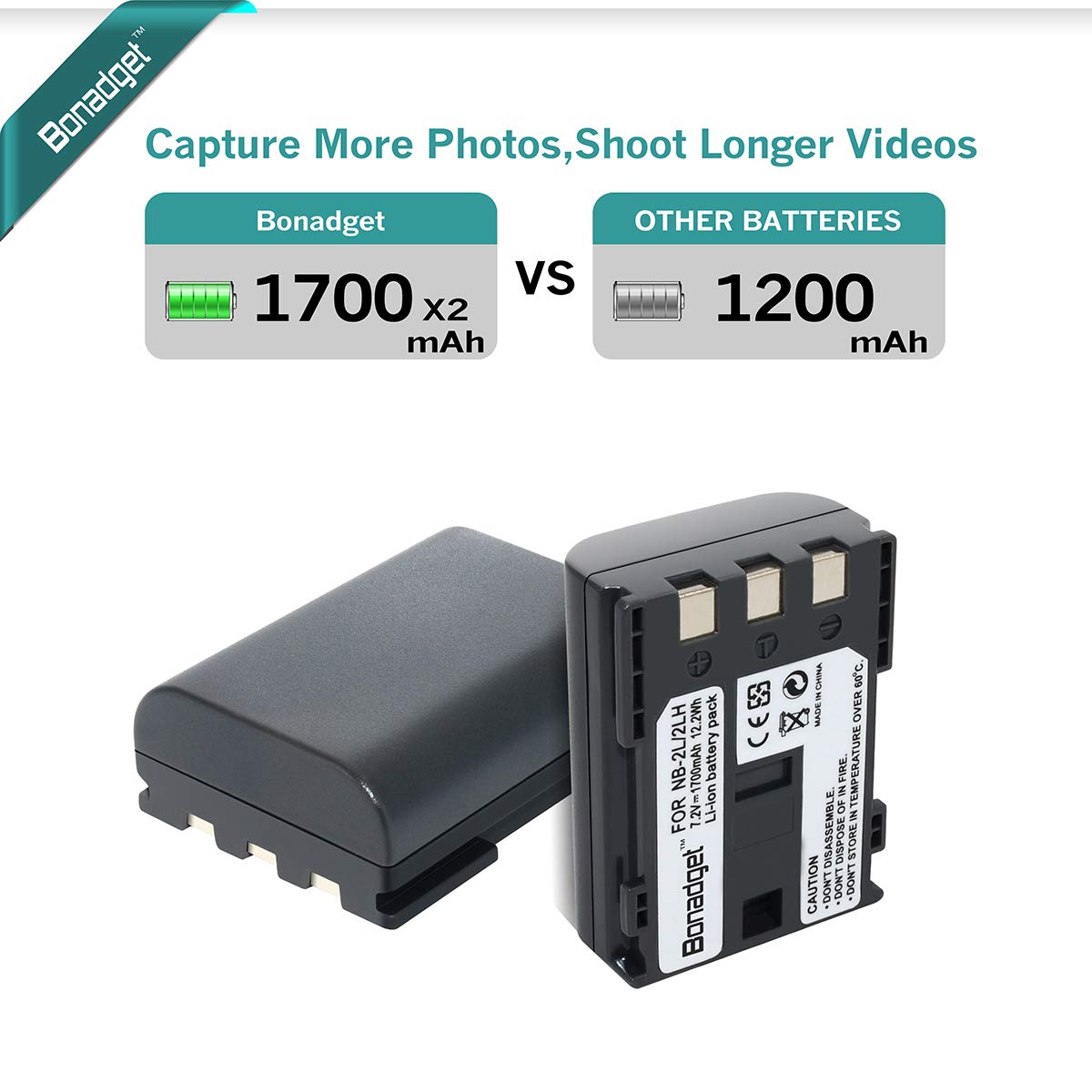 Bonadget 1700mAh NB-2LH / NB-2L Replacement Battery and Charger Compatible with Canon EOS Digital Rebel XTI XT VIXIA HF PowerShot G7 G9 S70 S80 S50