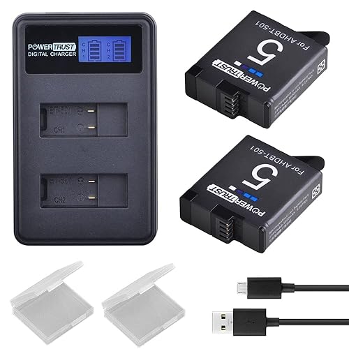 PowerTrust 2-Pack Replacement AHDBT-501 Batteries and Rapid LCD USB Dual Charger for GoPro Hero 5/6/7/8 Hero5 GoPro Hero 6 Black Camera Battery