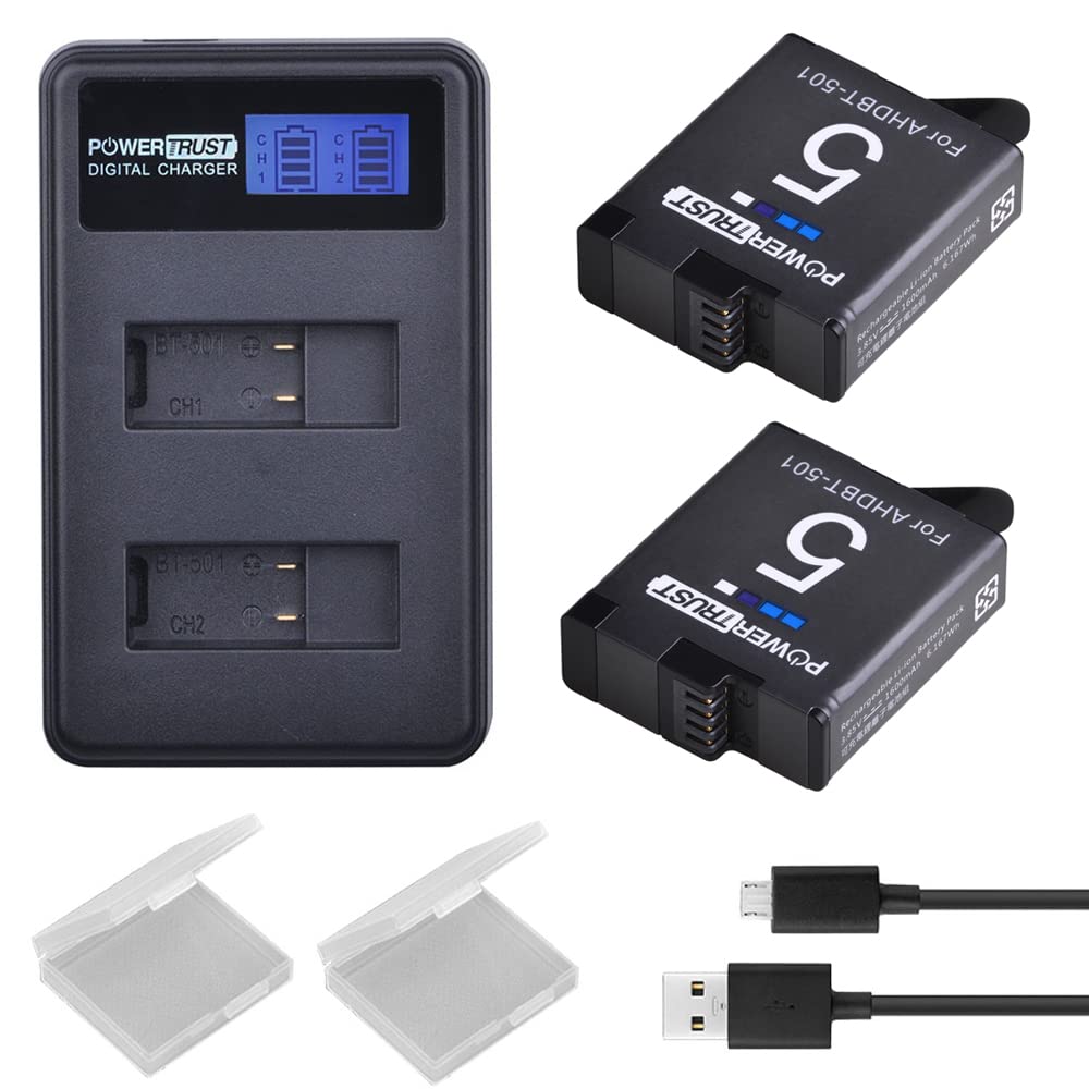 PowerTrust 2-Pack Replacement AHDBT-501 Batteries and Rapid LCD USB Dual Charger for GoPro Hero 5/6/7/8 Hero5 GoPro Hero 6 Black Camera Battery