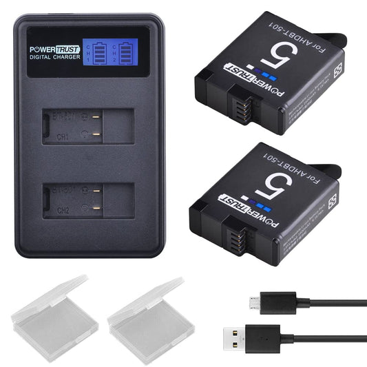 PowerTrust 2-Pack Replacement AHDBT-501 Batteries and Rapid LCD USB Dual Charger for GoPro Hero 5/6/7/8 Hero5 GoPro Hero 6 Black Camera Battery
