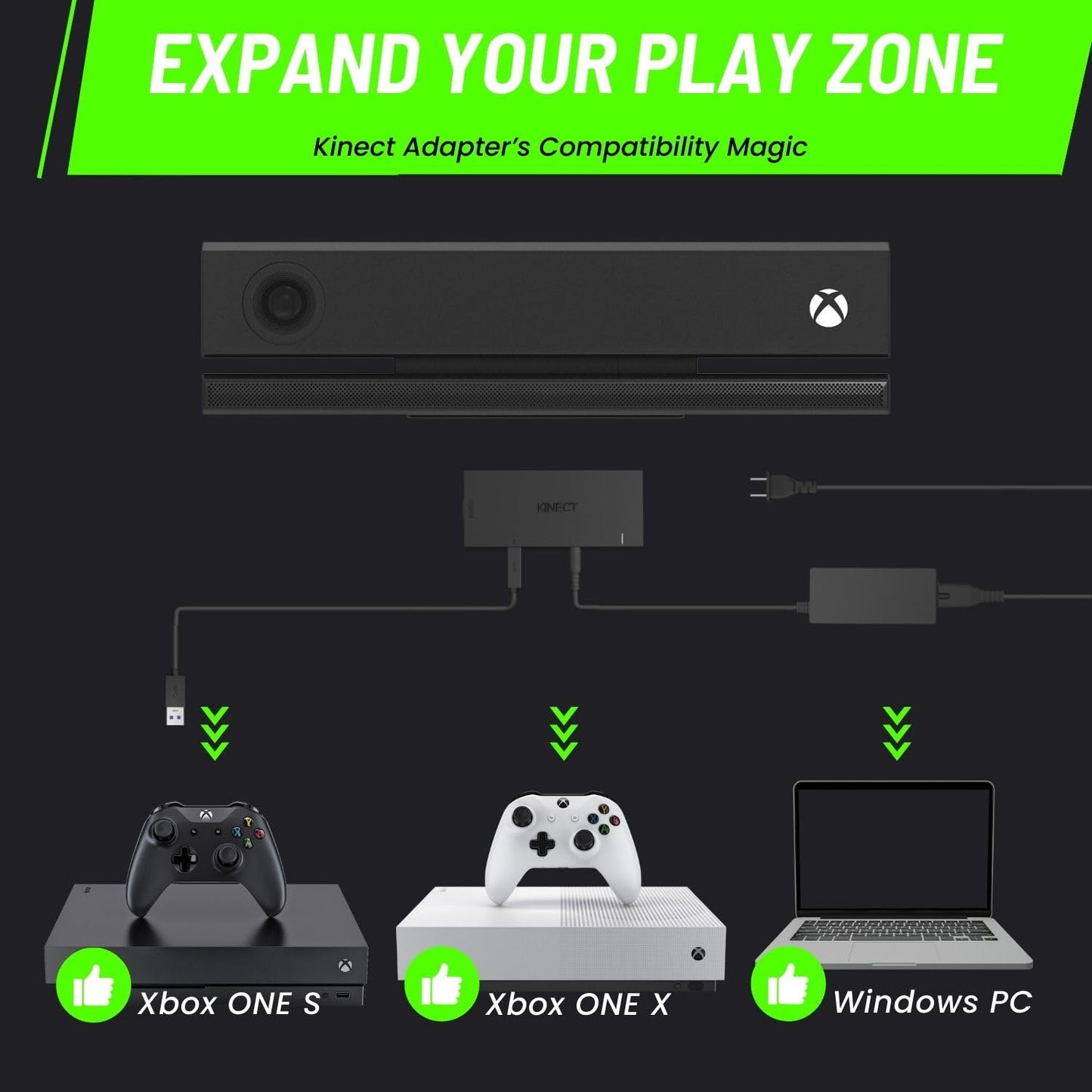 TNP Kinect Adapter for Xbox One S/X & Windows PC - Easy to Use, USB 3.0, Includes Power Adapter, AC Power Cable & USB 3.0 Cable