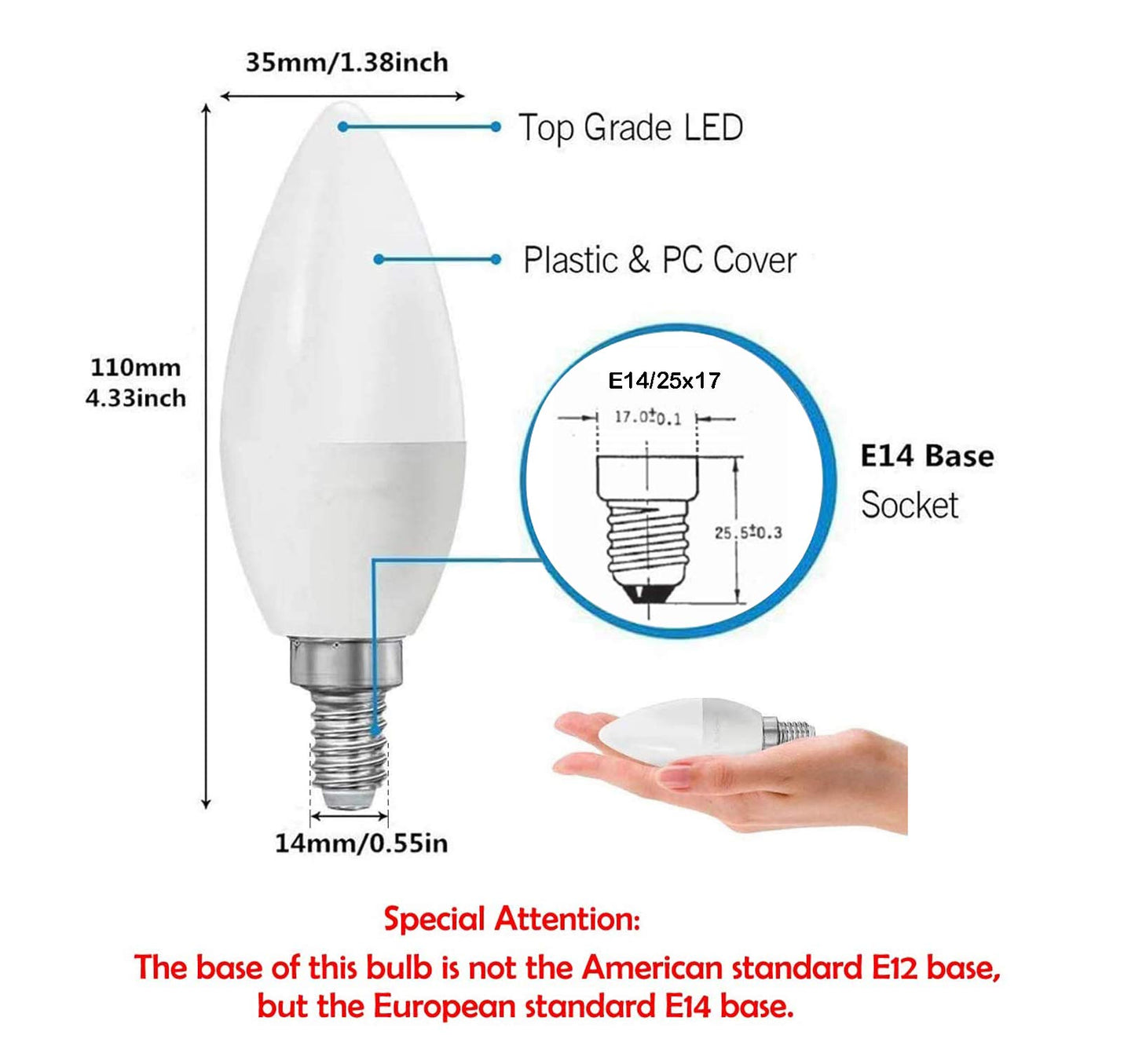 CTKcom LED Candelabra Light Bulbs E14 7W, Equivalent 60 Watt Light Bulbs,Candelabra Led E14 Instermediate Base,430 Lumens LED Not Dimmable (Warm White