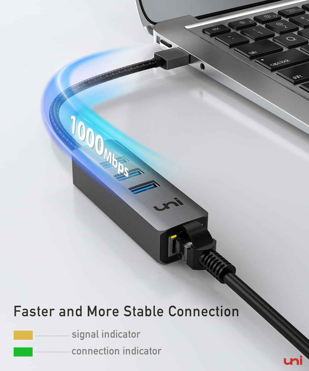 uni USB to Ethernet Adapter, USB 3.0 Hub with 100/1000 Mbps RJ45 Ethernet Driver Free, Sturdy Aluminum 4-in-1 USB-A to LAN Network Adapter Compatible