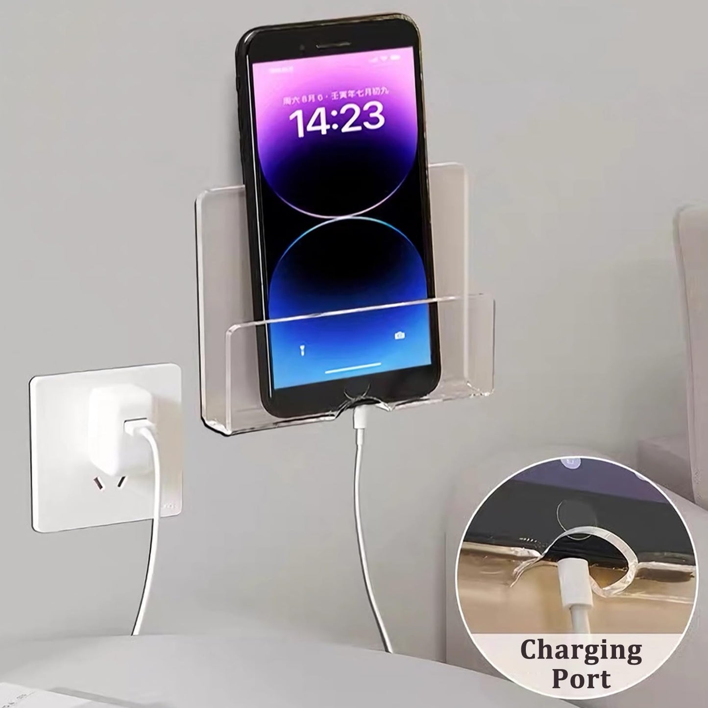 MIUPOO Clear Wall Mounted Phone Holder,Acrylic Phone Stand Self Adhesive with Charging Hole,Smartphone Cradle Bedside Organizer Remote Control Stand