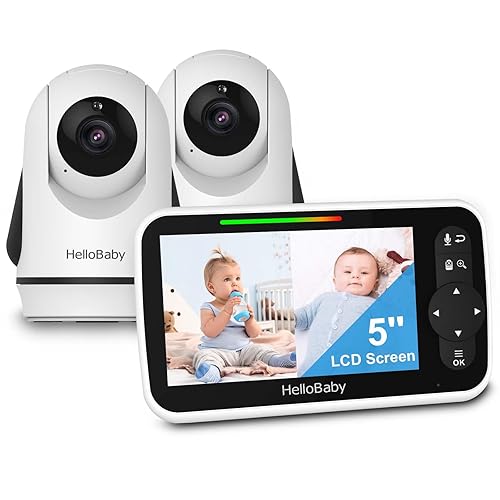 HelloBaby Video Baby Monitor with 2 Cameras and 5 Inch Split Screen Display, Remote Control Cameras with Night Vision and Temprature Monitoring