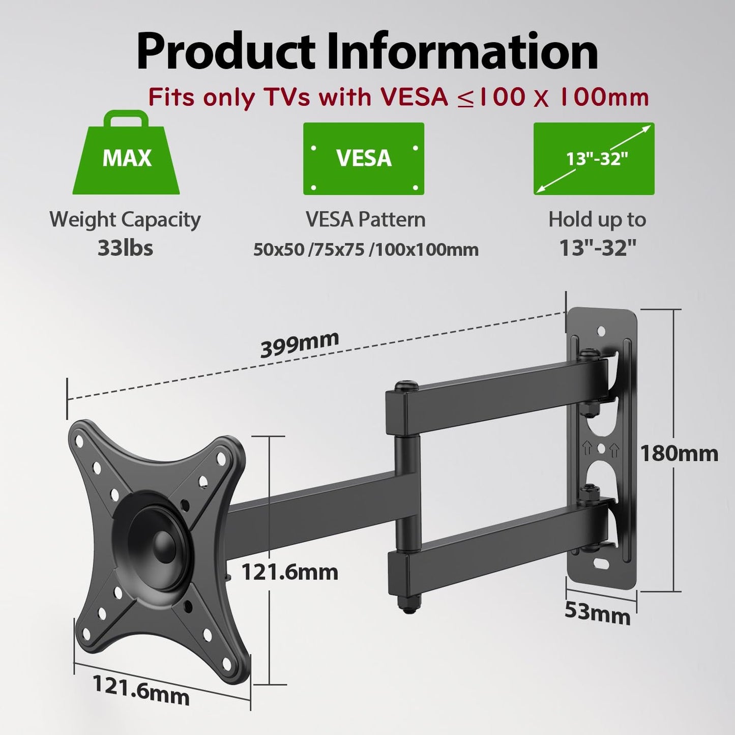 USX MOUNT Full Motion TV Wall Mount - Universal Single Stud Corner Bracket for 13-32 inch TVs, Monitor Wall Mount for LCD Monitor Swivel Tilt Rotation
