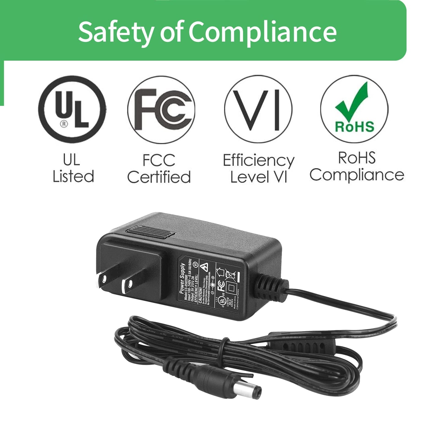 Security-01 AC to DC 5V 2A 2000mA Power Supply Adapter, Plug 5.5mm x 2.1mm, UL Listed FCC