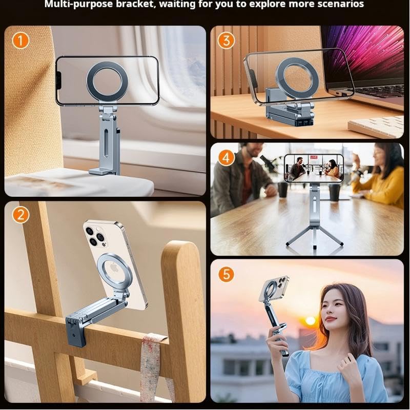 Grey Magnetic Phone Holder Tripod for Magsafe iPhone 17/16/15/14/13/12 Plus Pro Max Series, Aluminium Phone Stand Mount Adapter Adjustable Magic Phone