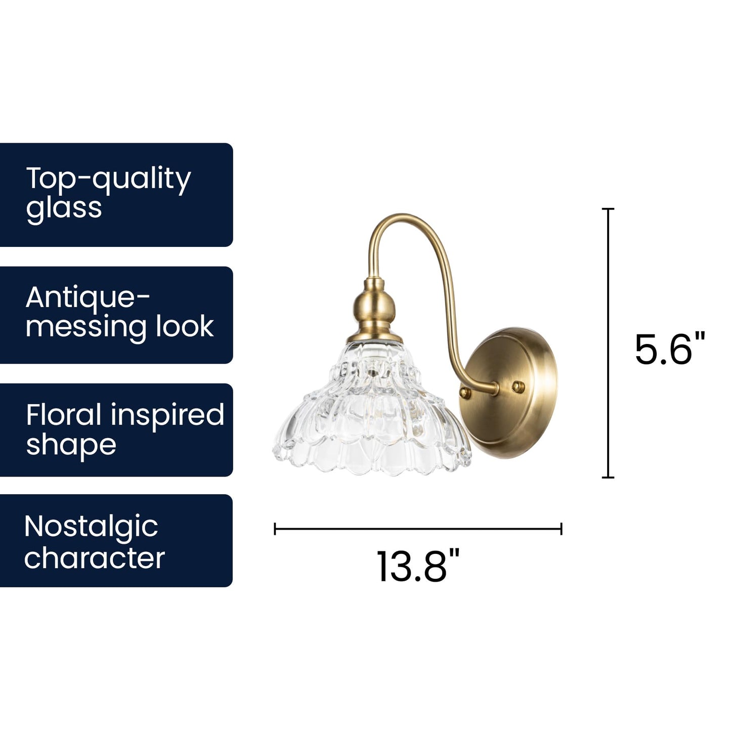 Lucande 9.5" Glass Vintage Wall Sconce Light, Gold Iron Hardwired Wall Light Fixture, Clear Textured Flower Glass Shade, Wall Lamp for Bathroom