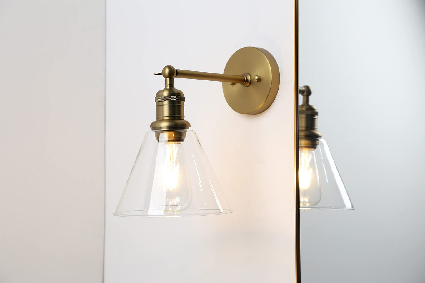 Yosoan Indoor Wall Sconce Fixture Light, 1-Light Modern Single Antique Brass Vintage Industrial Hardwired with Funnel Flared Clear Glass Shade Lamp