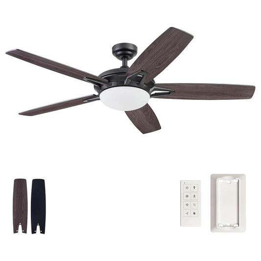 Prominence Home Clancy 52 Inch Contemporary LED Ceiling Fan with Light, Remote Control, Reversible Motor, 5 Dual Finish Blades, Matte Black