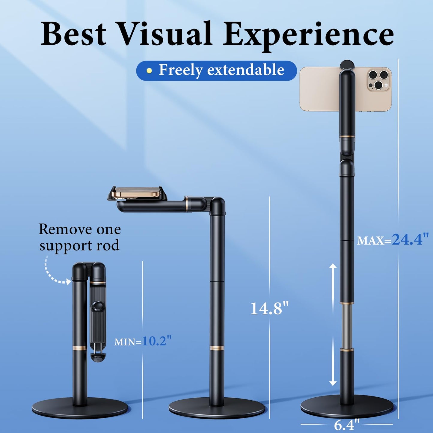 nediea Retractable Phone Stand for Desk,10.2-24.4in Height Adjustable Rotating Phone Holder for Recording,Aluminium Overhead Phone Mount for iPhone