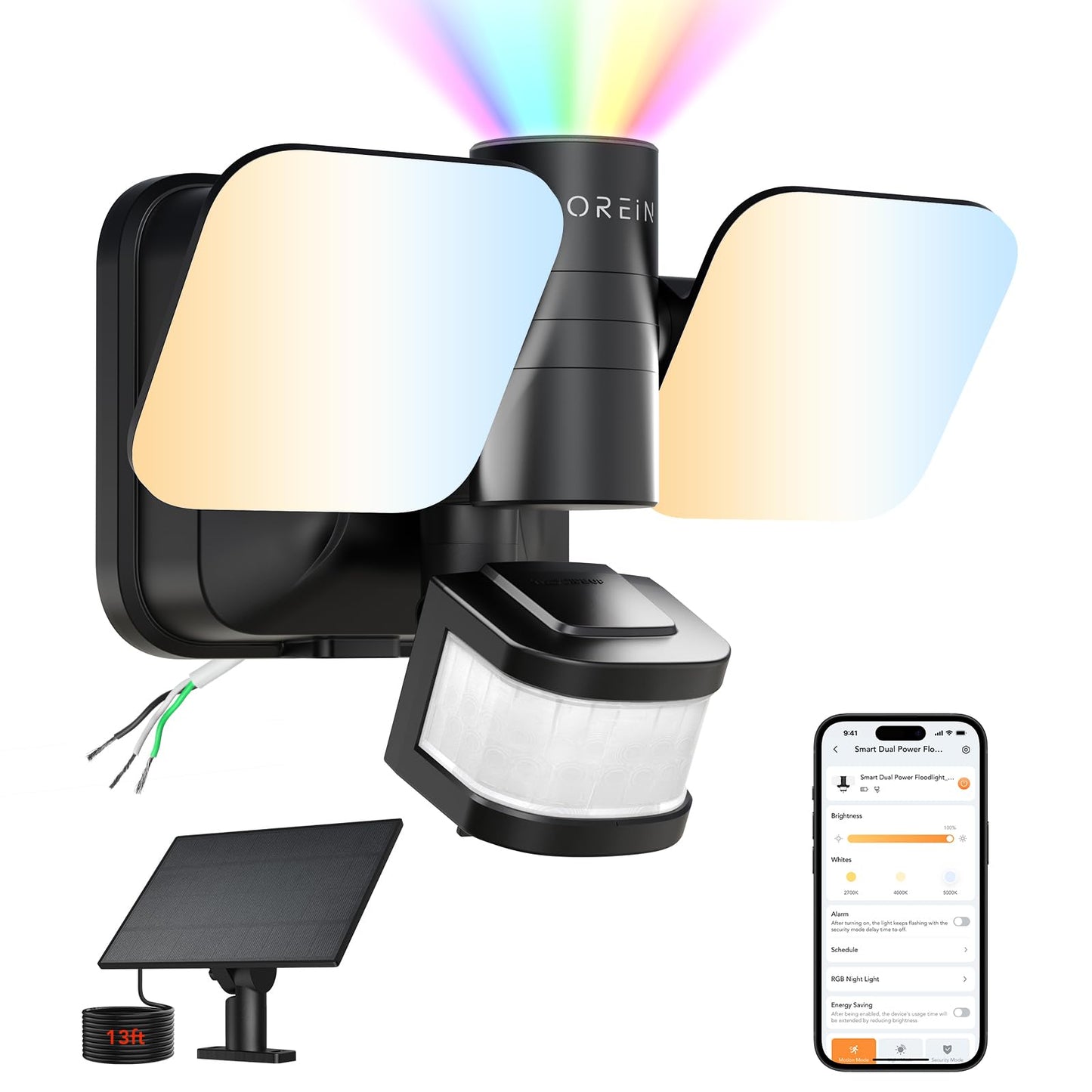 OREiN Wired and Solar Hybrid LED Smart Motion Sensor Light Outdoor Flood Lights with RGB Uplight Bluetooth APP Solar Motion Lights Outdoor Waterproof