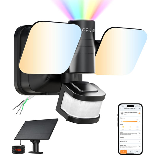 OREiN Wired and Solar Hybrid LED Smart Motion Sensor Light Outdoor Flood Lights with RGB Uplight Bluetooth APP Solar Motion Lights Outdoor Waterproof