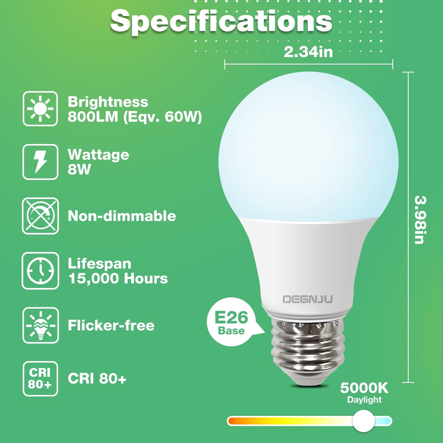 DEGNJU 36 Pack LED Light Bulbs 60 Watt Equivalent, A19 5000K Daylight, 800 Lumens, E26 Base, Non-Dimmable, 8 Watt Energy Efficient LED Bulbs for Home