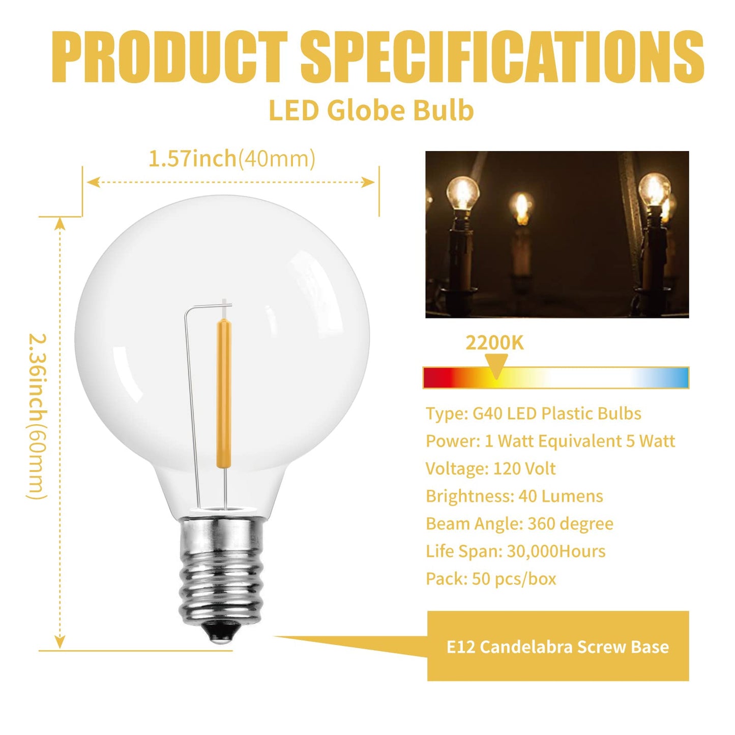 ECOVANIA G40 LED String Light Bulbs,1.57 Inch Plastic LED Globe Patio Bulbs for Outdoor String Lights, E12 Candelabra Socket Base,1 Watt Equvalent