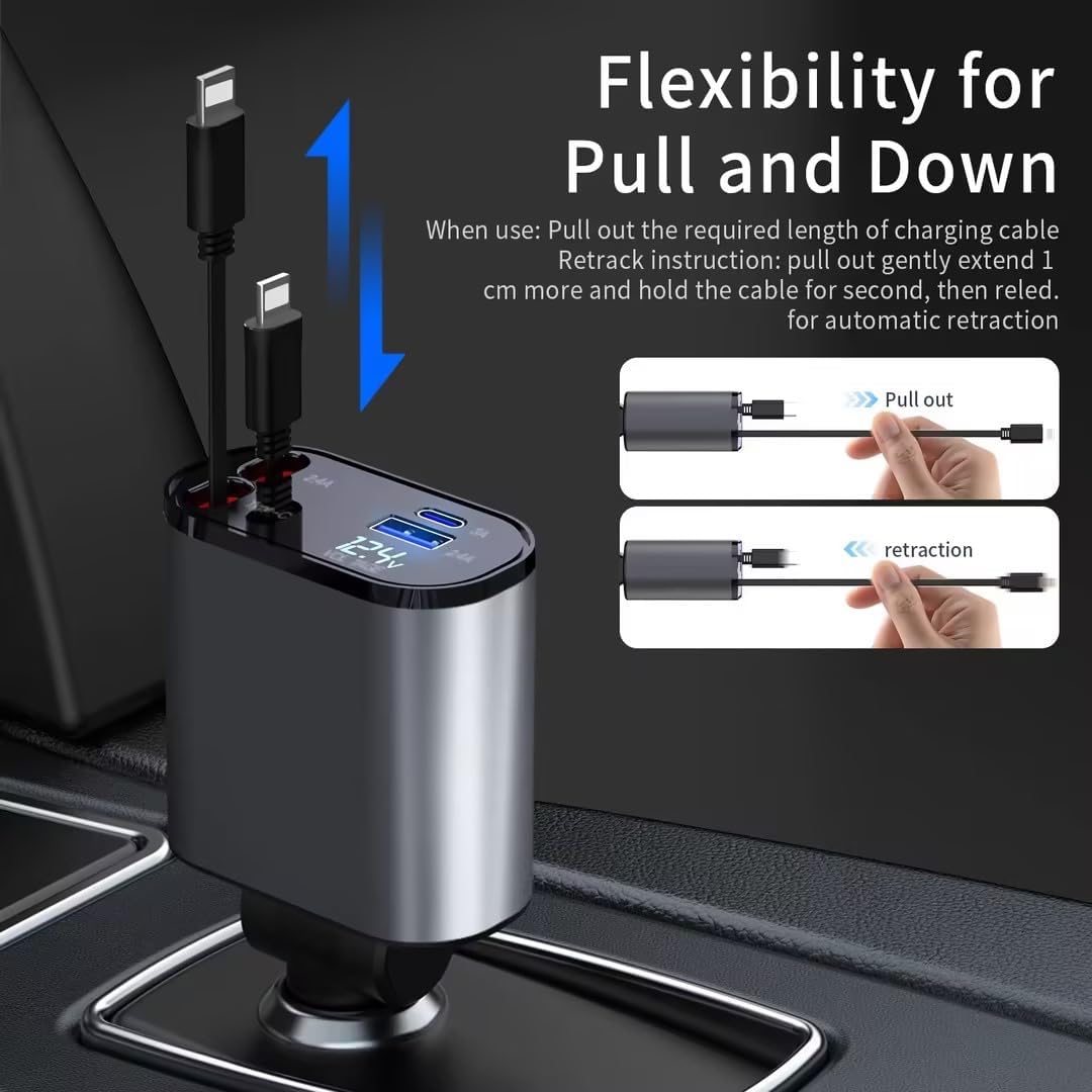 Retractable Car Charger, 4 in 1 Fast Charging 69W, Cigarette Lighter Adapter 2 Retractable iPhone Cables and USB Car Charger,Compatible with iPhone