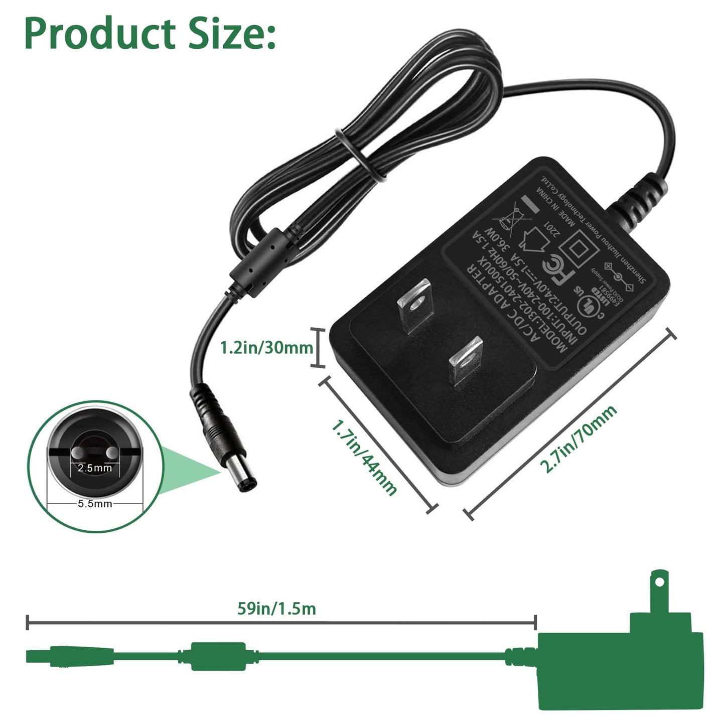24V 1.5A Power Adapter 100V-240V to 24V 1.5A AC/DC Switching Power Supply Adapter 24v Power Supply with 5 Selectable Adapter Plugs