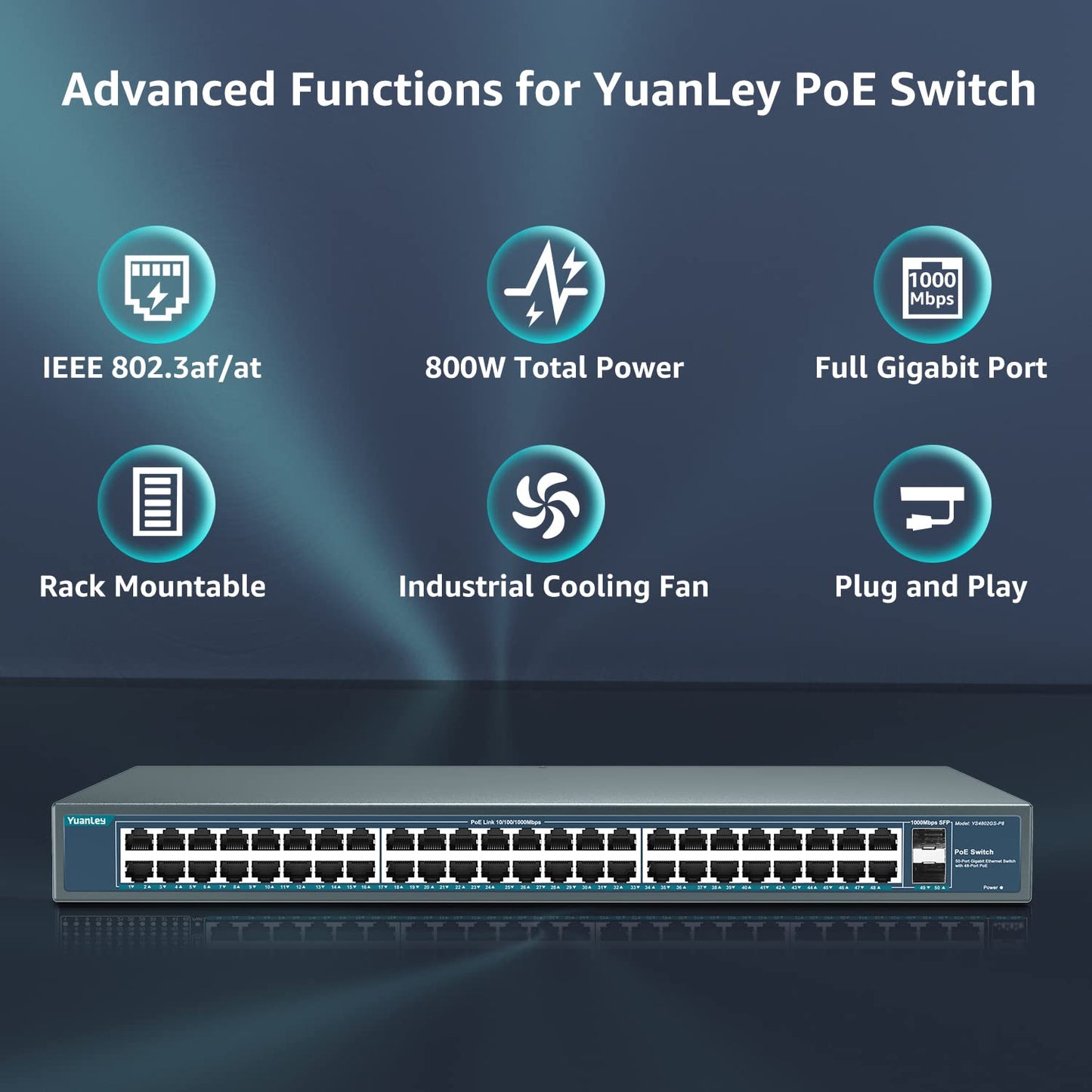 YuanLey 48 Port Gigabit PoE Switch Unmanaged with 2 1000Mbps SFP Uplink, 50 Port 802.3af/at 800W High Power PoE+ Network Switch, Metal Rackmount Power