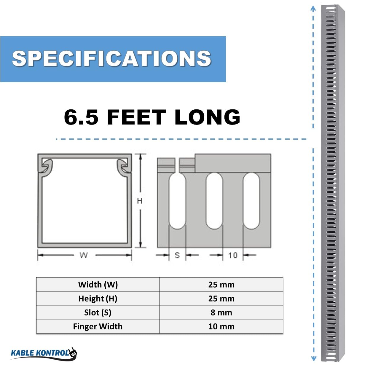 Kable Kontrol Wire Duct Open Slot Cable Raceway - 1” Width x 1” Height - 6.5 feet Long - 1 Pc/Pack - Gray - PVC Wiring Trough Wire Cover Cord Hider