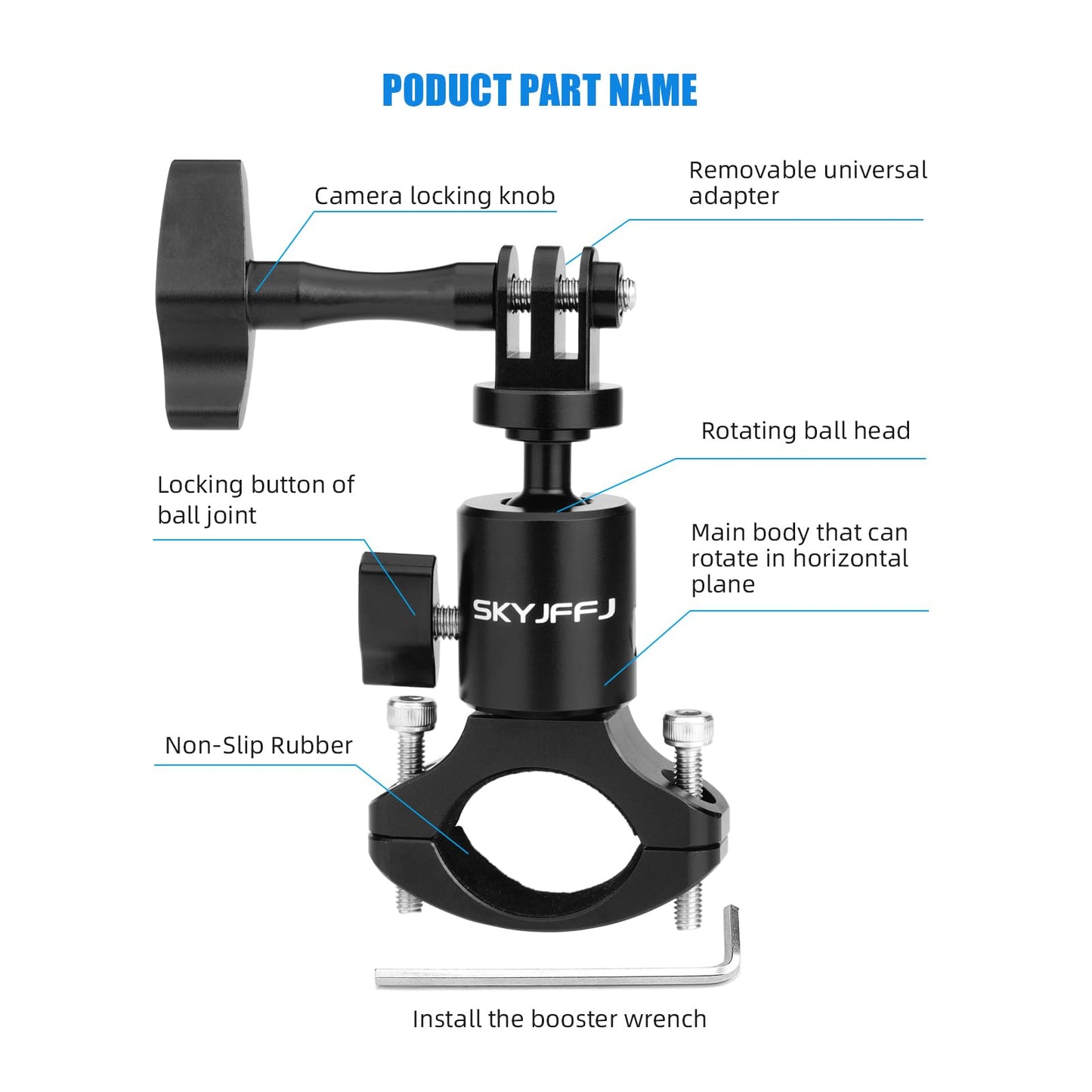 SKYJFFJ Ball Head Gimbal Camera Bike Handlebar Mount for Gopro Hero 13 12 11 10 9 8,360 Degree Rotating Aluminium Bicycle Motorcycle Mount DJI Osmo