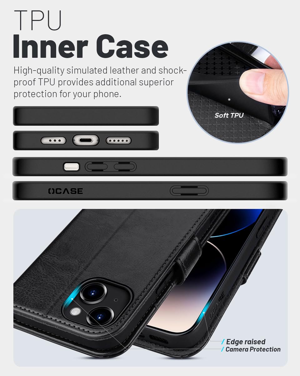 OCASE Compatible with iPhone 15 Wallet Case, PU Leather Flip Folio Case with Card Holders RFID Blocking Kickstand [Shockproof TPU Inner Shell] Phone