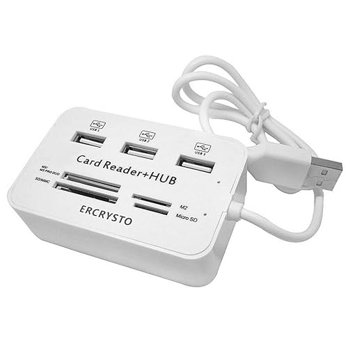ERCRYSTO Card Reader and 3 Ports USB Hub, High Speed External Memory Card Reader (MS, Micro SD,SD/MMC,M2,TF Card), White.