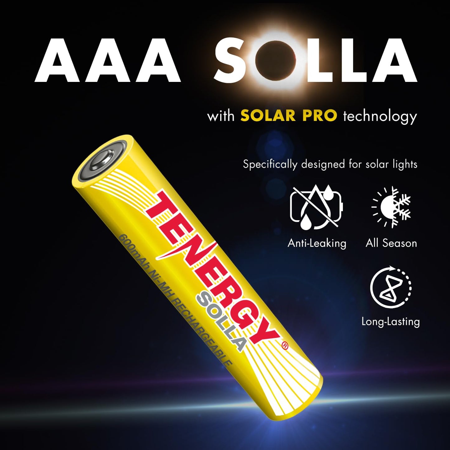 Tenergy Solla AAA Rechargeable NiMH Battery, 600mAh Solar Batteries for Outdoor Solar Lights, Patio Lights, Anti-Leak, 5+ Years Performance, 12 Pack…