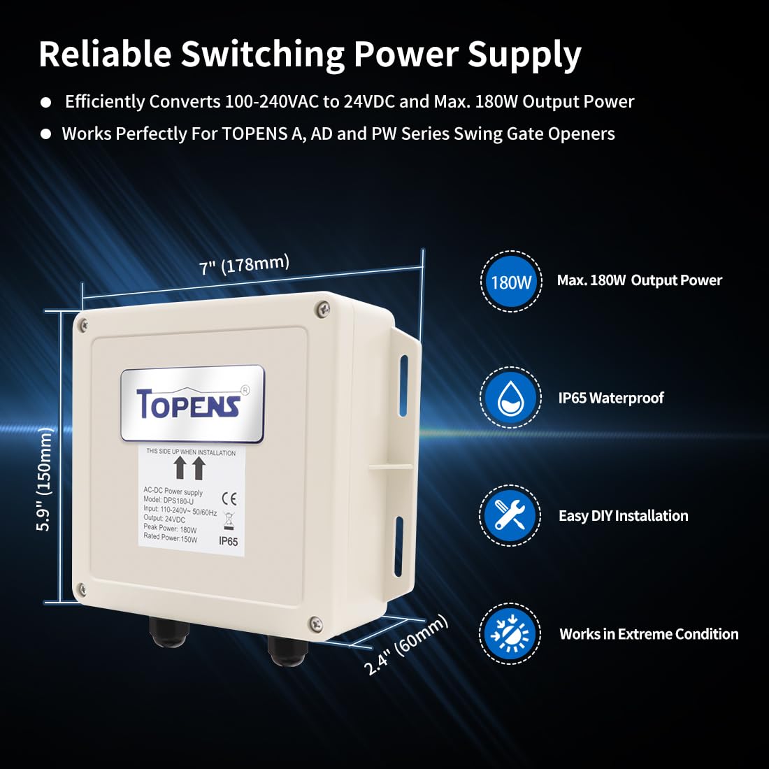 TOPENS DPS180-U AC-DC Power Supply Adapter 100-240VAC to 24VDC 150W Transformer Waterproof Converter Outdoor Use for Automatic Gate Openers CCTV…