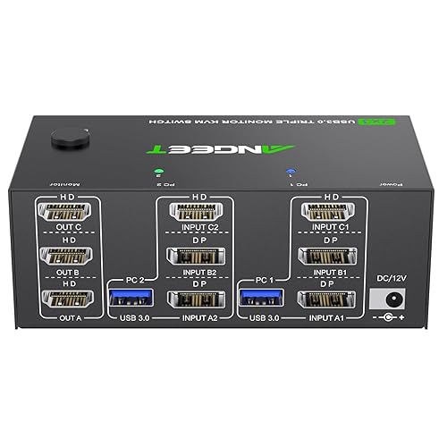 KVM Switch 3 Monitors 2 Computers 8K@60Hz 4K@144Hz, USB 3.0 Triple Monitor KVM Switch with 4 USB 3.0 Ports, 2*Displayport+1*HDMI in,3*HDMI Out,Wired