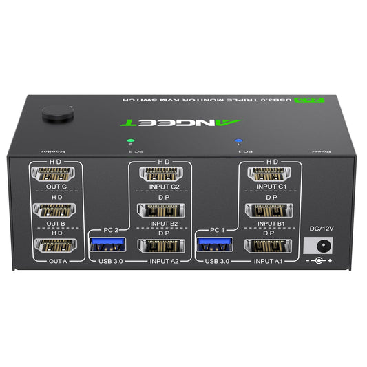 KVM Switch 3 Monitors 2 Computers 8K@60Hz 4K@144Hz, USB 3.0 Triple Monitor KVM Switch with 4 USB 3.0 Ports, 2*Displayport+1*HDMI in,3*HDMI Out,Wired