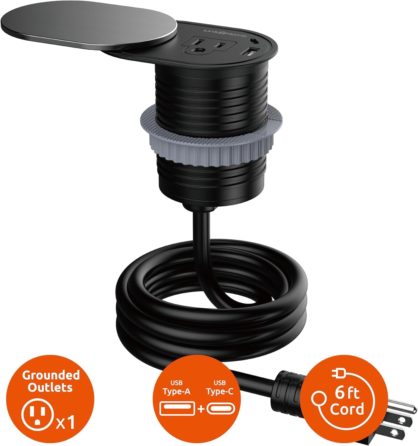 Link2Home 2 Pack Space Saver Grommet Socket 1-Power-Outlet USB A/C Port 3.1 Amp Splash Resistant in Stainless-Steel, Overload Protection