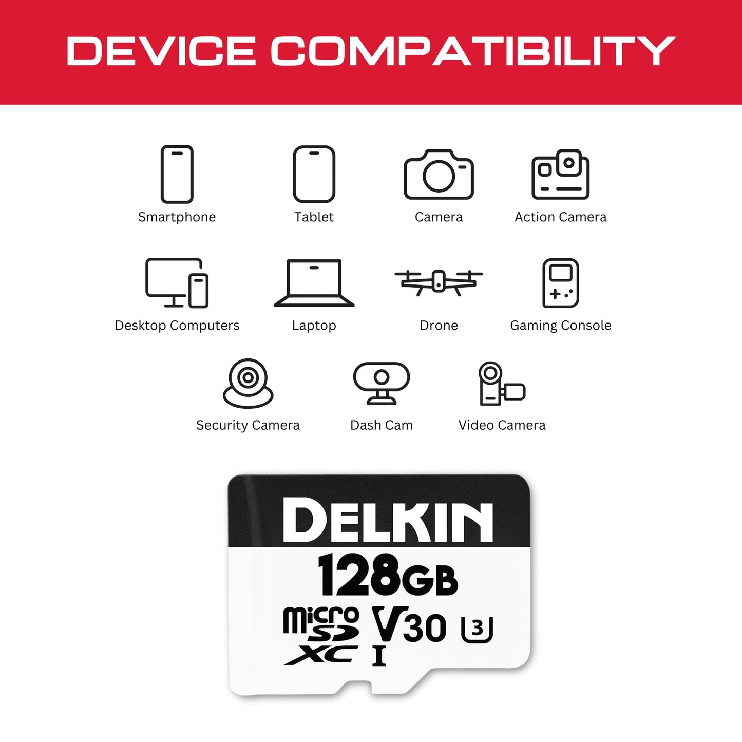Delkin Devices Hyperspeed 128GB Micro SD Card with Adapter - 100MB/s Read, UHS-I (U3, V30), 4K & Full HD for Smartphones, Tablets, GoPro, and Dash Cam