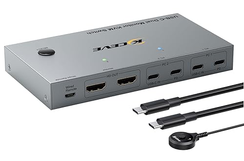 KCEVE KVM Switch 2 Monitors 2 Computers USB C, KVM Switch USB-C for 2 Laptops Sharing 2 Monitors and 4 USB3.0 Devices, 4K@60Hz, 100W PD, MST, Wired