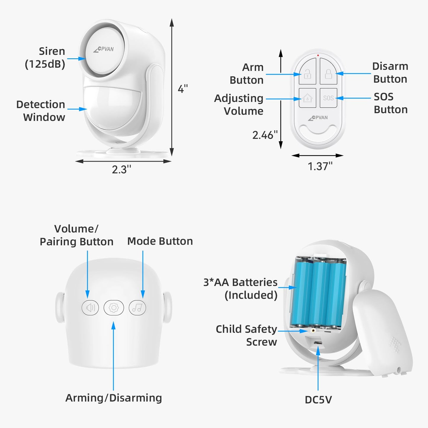 CPVAN 125dB Loud Motion Sensor Alarm with 328ft Remote Control (40ft PIR Detector, Batteries), Indoor Wireless Infrared Security Motion Detector