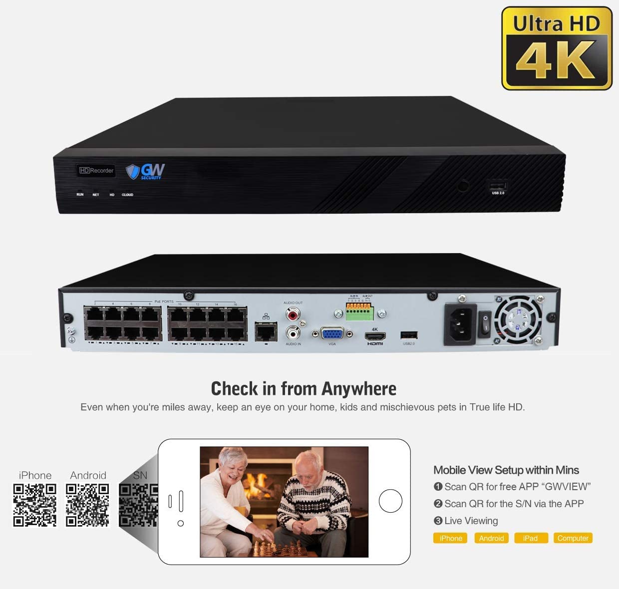 GW Security 16 Channel 8MP Fulltime Color Night Vision 4K NVR Security Camera System with 12 UltraHD 4K Two-Way Audio Outdoor/Indoor Smart AI Face